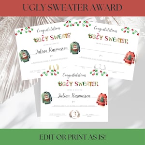 Christmas Ugly Sweater Zertifikat, Auszeichnung für das beste Kostüm, Erster Zweiter dritter Platz, Printable & Editable, Abschluss des Abschlusses, Gesellschaftsspiele