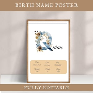 Póster personalizado editable con nombre, letra Q, decoración infantil, letrero, impresión de estadísticas de nacimiento para niña y niño, arte mural para habitación infantil, idea de regalo para baby shower