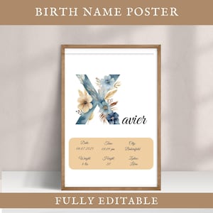 Póster con nombre personalizado editable, letra X, decoración de guardería, letrero, impresión de estadísticas de nacimiento de niña y niño, arte de pared para habitación de niños, idea de regalo para baby shower