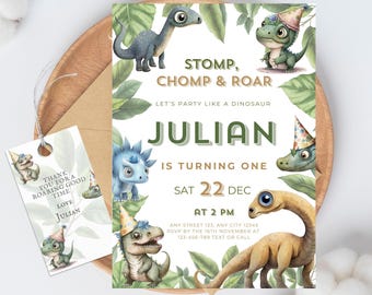 May include: A birthday invitation and gift tag set featuring watercolor illustrations of dinosaurs and foliage. The invitation reads "Stomp, Chomp & Roar" and "Julian is turning one." The gift tag says "Thank you for a roaring good time, Love Julian."