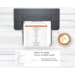 May include: A printable game sheet titled Younger or Older featuring a list of historical items with checkboxes for comparison, displayed alongside a printer and a cup of coffee, with instructions for printing at home or at a professional shop.