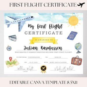 Mein erster Flug Zertifikat für Kinder, Kleinkind Preis, Urlaubsgeschenk, EDITIERBAR, Andenken, Meilenstein bedruckbar, Mädchen Jungen, Flugzeug Souvenir