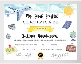 My First Flight Certificate, Airplane Souvenir, Editable Keepsake,  Digital Download, Kids Diploma, Printable Award, Baby's First Milestone