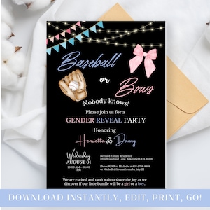 Faire-part révélation sexe, base-ball ou noeud papillon, invitation fille ou garçon modifiable, baby shower pour couples mixtes, maillot de bain t-ball, noeud rose sport, futurs parents