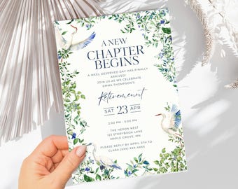 Heron Retirement Invitation Template: Elegant Greenery (Editable PDF)