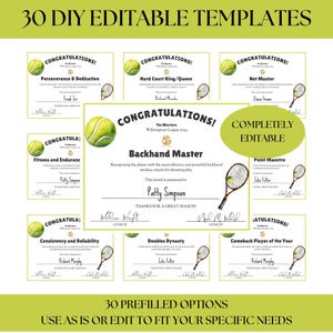 Tennis-Preis, Zeremonie-Zertifikate, Bankett zum Saisonende, Tennisplatz-Team-Party-Printables, bearbeitbare Sport-Canva-Vorlage