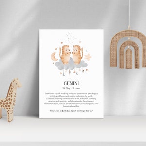 Cartel del signo del zodíaco de Géminis para niños, citas y descripción del zodíaco, arte de pared boho para la habitación de los niños, decoración de la guardería, idea de regalo para baby shower