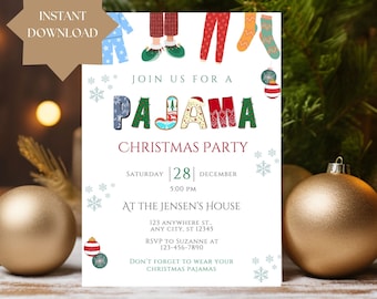 May include: A white invitation card with a red and white Christmas pajama party theme. The invitation includes the text "Join us for a Pajama Christmas Party", "Saturday | 28 | December 5:00 PM", "At the Jensen's House", "123 Anywhere St., Any City, ST 12345", "RSVP to Suzanne at 123-456-7890", and "Don't forget to wear your Christmas pajamas".