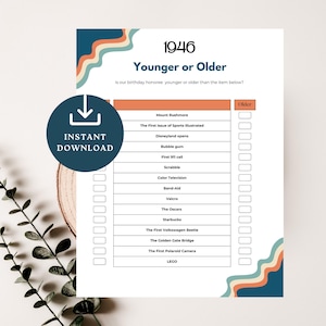 May include: A white game sheet titled 1946 Younger or Older with a retro wavy border in blue, orange, and cream. The list includes items like Mount Rushmore and LEGO with checkboxes. A dark blue circular badge reads INSTANT DOWNLOAD.