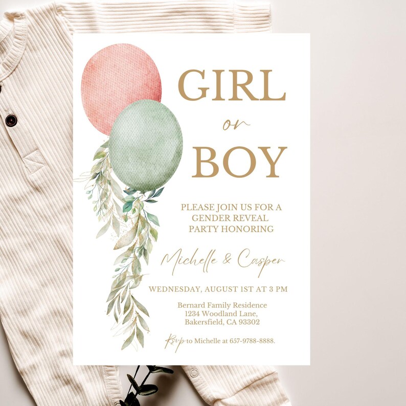 Sage Green Gender Reveal Invitation: Eucalyptus Balloons (editable Card ...