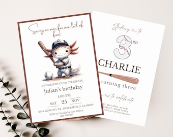 Baseball Birthday Invitation: Joint Party, Axolotl Theme (Editable Canva Template)