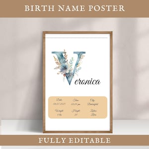 Póster con nombre personalizado editable, letra V, decoración de guardería, letrero, impresión de estadísticas de nacimiento de niña y niño, arte de pared para habitación de niños, idea de regalo para baby shower