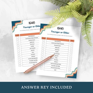 May include: Two white game sheets titled 1946 Younger or Older with a retro wavy border in blue, orange, and cream. The lists include items like Mount Rushmore and LEGO, with checkboxes for Younger or Older. A rose gold glitter pen rests on the paper.