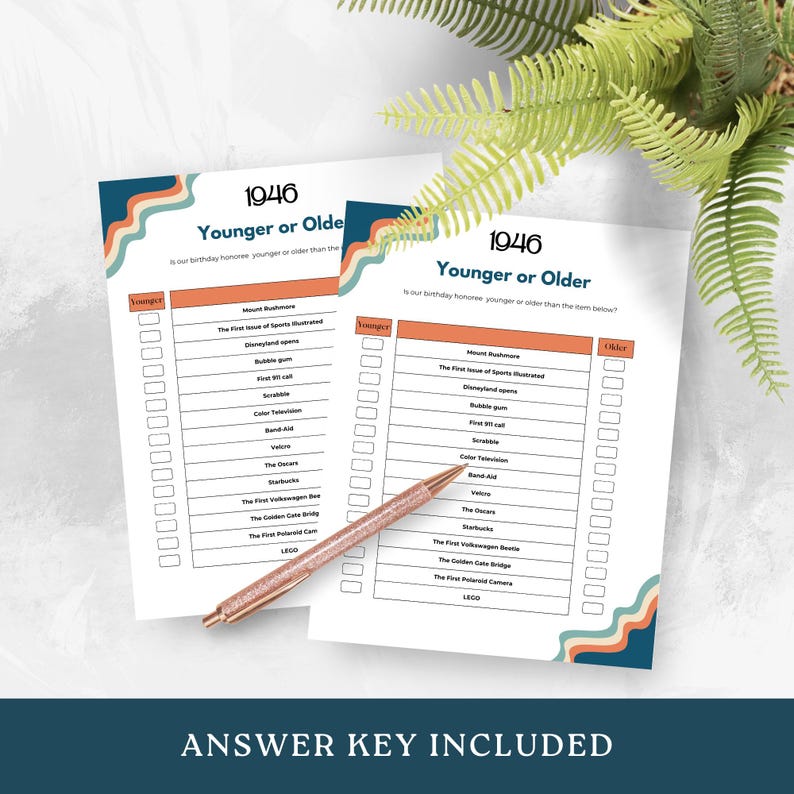 May include: Two white game sheets titled 1946 Younger or Older with a retro wavy border in blue, orange, and cream. The lists include items like Mount Rushmore and LEGO, with checkboxes for Younger or Older. A rose gold glitter pen rests on the paper.