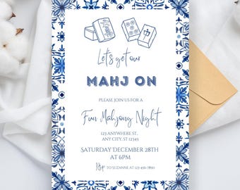 Mahjong Night Invitation: Elegant Blue Tile Design (Editable Template Canva)
