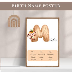 Póster con nombre personalizado editable, letra M, decoración de guardería, letrero, impresión de estadísticas de nacimiento de niña y niño, arte de pared para habitación de niños, idea de regalo para baby shower