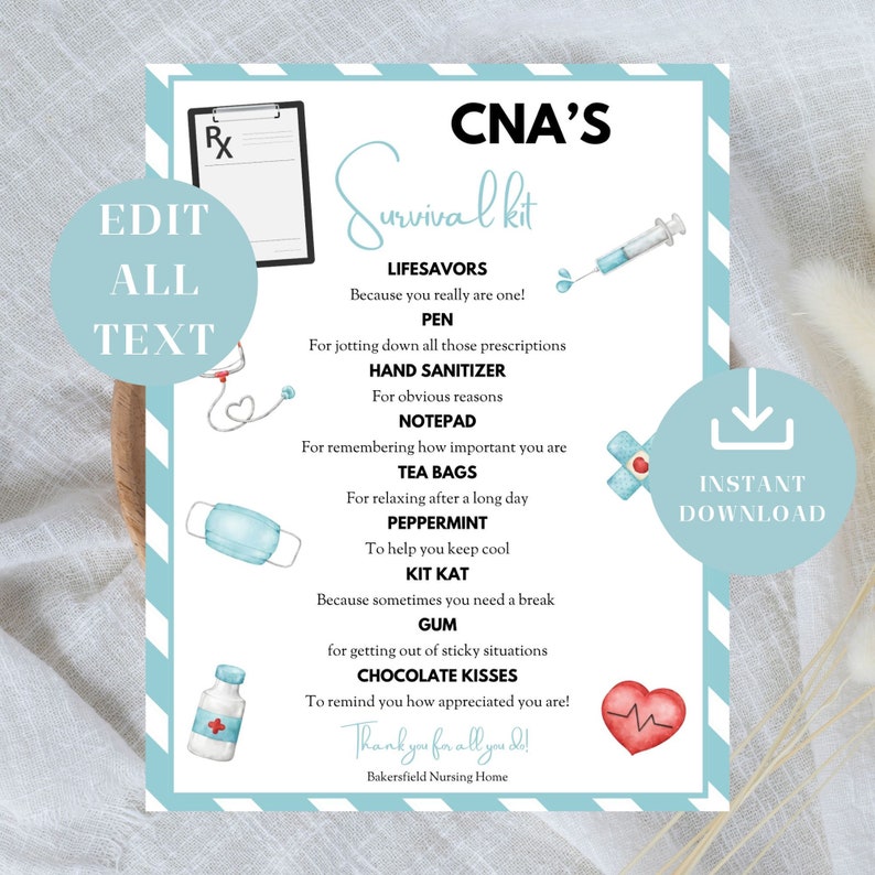CNA Survival Kit Printable: Editable Gift Basket Tag (PDF) - Etsy