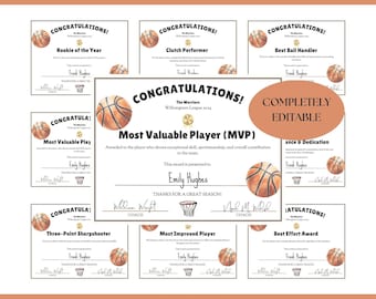 Basketball Award Certificates, Award Ceremony Certificates, End of Season Banquet, Basketball Team Party Printables, Editable Canva Template