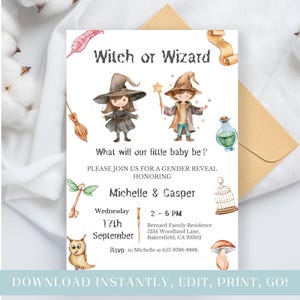 Editable Witch Wizard Gender Reveal Invitation: Brunette Kids (Digital Download)