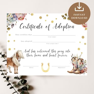 Adopt a Pony Zertifikat, Adoptionsdiplom für Pferde, Mädchen-Geburtstagsfeier, Babyparty druckbar, Reiten Download, Haustier Vertrag