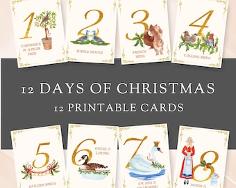 12 Days of Christmas Printable Cards, Twelve Days of Xmas Set, Instant Download, Holiday Greeting, Gift Wrap, DIY Advent Calendar Countdown