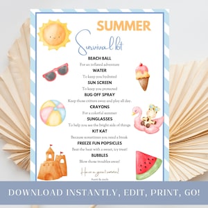 Kit de supervivencia de verano para niños imprimible, vacaciones, idea de regalo navideño, editable, paquete de cuidado, cesta de regalo para niños, tener una gran tarjeta de verano
