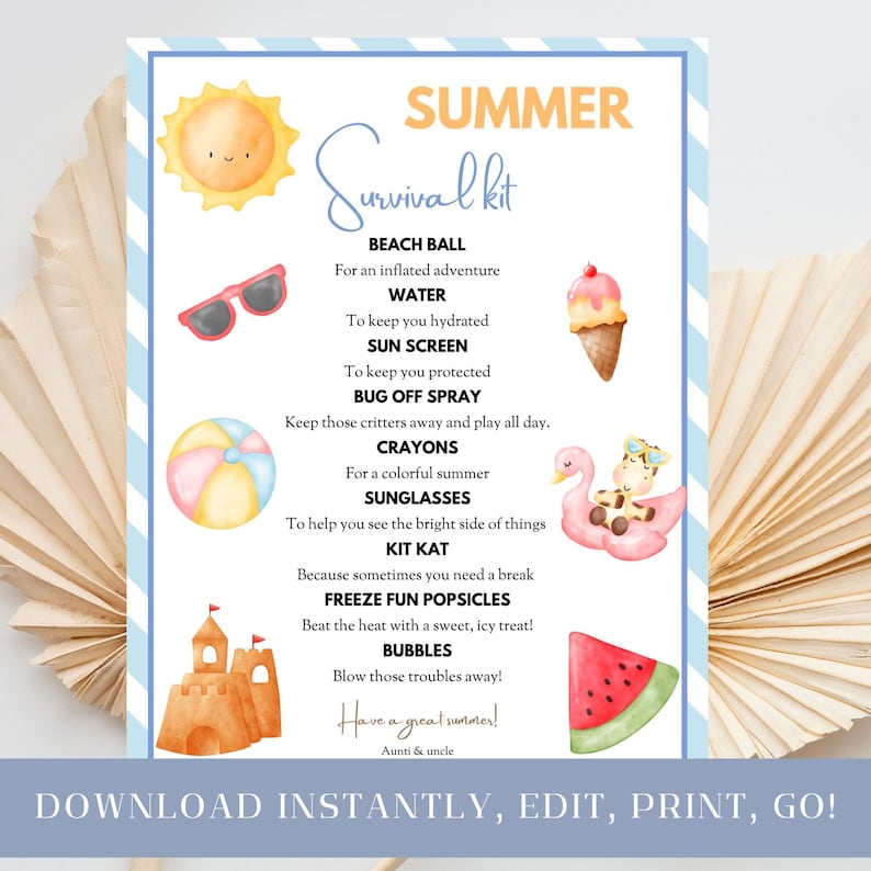 Kids Summer Survival Kit Card: Editable Gift Basket Tag (PDF) - Etsy