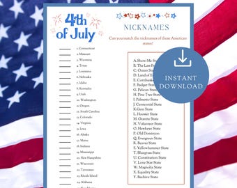 4th of July Trivia Game: State Nicknames, USA History (PDF Downloadable)