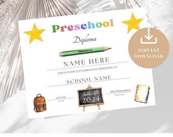 Editable Preschool Diploma: Graduation Keepsake (Digital Download)