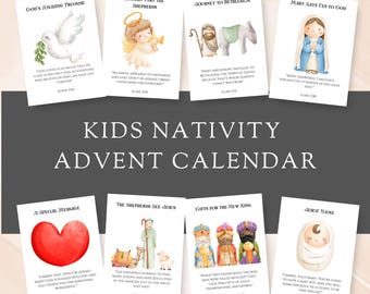 Christian Nativity Story Advent Calendar for Kids, Instant Download, Xmas Printable Countdown, Bible Jesus Christmas Story, Children&#39;s Card