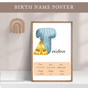 Póster con nombre personalizado editable, letra T, decoración de guardería, letrero, impresión de estadísticas de nacimiento de niña y niño, arte de pared para habitación de niños, idea de regalo para baby shower