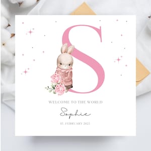Personalisierte neue Babykarte, Kaninchen-Häschenkarte für Neugeborenen-Babyankündigung, Name Initial S Note, bearbeitbare Vorlage Canva, Custom Print