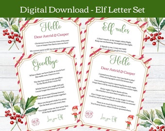 May include: A printable set of four elf letters for children. The letters are written in a whimsical font and feature illustrations of elves. The letters include a welcome letter, a goodbye letter, a set of elf rules, and a letter about reporting to Santa each night.