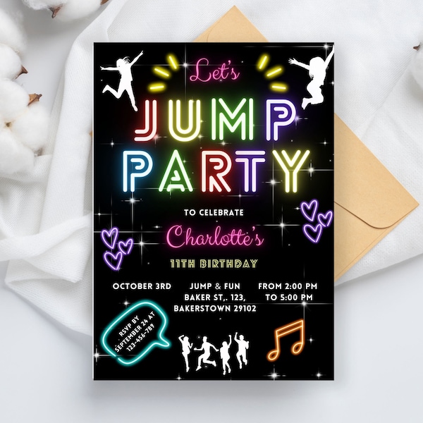 Jump Party Birthday Invitation, Glow Trampoline Park Event, Tween Preteen Teenager Neon Invite, Editable Bounce House Party Invitation