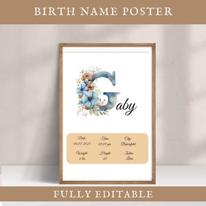 Póster personalizado editable con nombre, letra G, decoración infantil, letrero, impresión de estadísticas de nacimiento para niña y niño, arte mural para habitación infantil, idea de regalo para baby shower