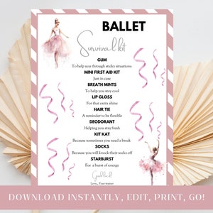 Dance Survival Kit Printable & Editable, Competition Gift, Good Luck Goodie Bags for Dancer, Gift Basket, Instant Download, Ballet Team Pink