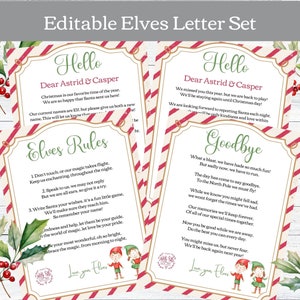 May include: Two printable Christmas elf letters with red and white striped backgrounds. The first letter says "Hello" and includes the text "Dear Astrid & Casper" and "Elves Rules". The second letter says "Goodbye" and includes the text "What a blast, we have had so much fun!" and "Love your Elves".