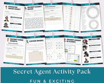 May include: A printable activity pack for kids featuring a secret agent theme. The pack includes a maze, cipher wheel, code sheets, disguise ideas, and ID cards. The activities are designed to be fun and exciting.