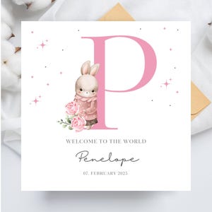Personalisierte neue Babykarte, Kaninchen-Häschenkarte für Neugeborenen-Babyankündigung, Name Initial P Note, bearbeitbare Vorlage Canva, Custom Print