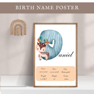 Póster con nombre personalizado editable, letra D, decoración de guardería, letrero, impresión de estadísticas de nacimiento de niña y niño, arte de pared para habitación de niños, idea de regalo para baby shower
