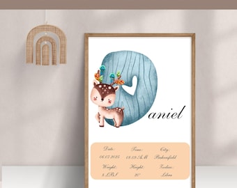 Letter D Nursery Poster: Personalized Birth Stats Print (PDF)