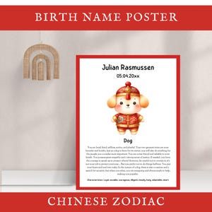 Mondjahr des Hundes, Geburtsnamenplakat, Chinesisches Neujahrsfest, Kinder Sternzeichen, Wandkunst für Kinderzimmer, Kinderzimmerdekor, bearbeitbar