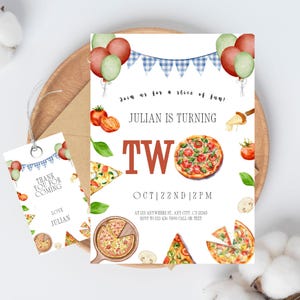 Tweede verjaardagsuitnodiging jongen pizza, verjaardagsuitnodiging, bewerkbare sjabloon Canva, 2e draaien twee afdrukbare Kids Pizza Slice Party, Italiaans thema