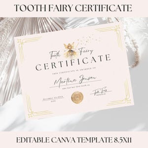 Certificado de Fada do Dente Editável para Perder o Primeiro Dente, Recibo Dourado e Creme para Meninas, Brilho e Conto de Fadas, Celebração de Marco