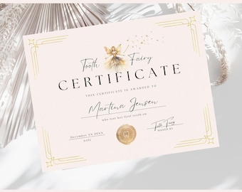 Editable Tooth Fairy Certificate for Losing First Tooth, Gold and Creme Color Receipt for Girls, Glimmer & Fairytale, Milestone Celebration