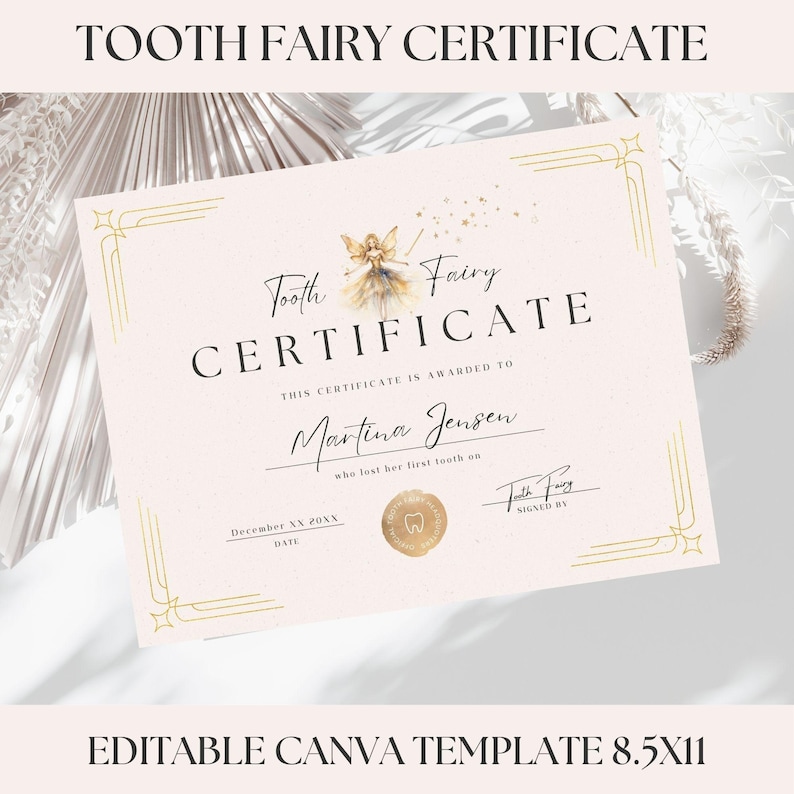 Editable Tooth Fairy Certificate for Losing First Tooth, Gold and Creme Color Receipt for Girls, Glimmer & Fairytale, Milestone Celebration