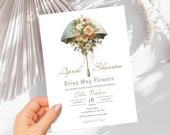 Blumen-Regenschirm-Babyparty-Einladung: Elegantes Salbeigrün (Bearbeitbare Vorlage)