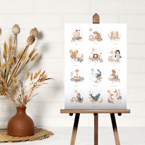 Cartel de signos del zodíaco para niños, signo del horóscopo, arte de pared boho para la habitación de los niños, decoración de la guardería, baby shower de idea de regalo, 12 iconos de astrología