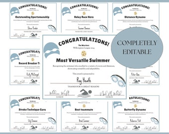 May include: A blue and white printable certificate template for a swimming competition. The certificate reads "Congratulations! The Warriors Willowgreen League 2024 Most Versatile Swimmer".