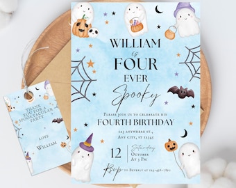 Fourth Birthday Halloween Invite, Boy Blue Cute Ghosts Bats Theme, Spooky Invitation, Editable Digital Download, Four 4th, Kids Party